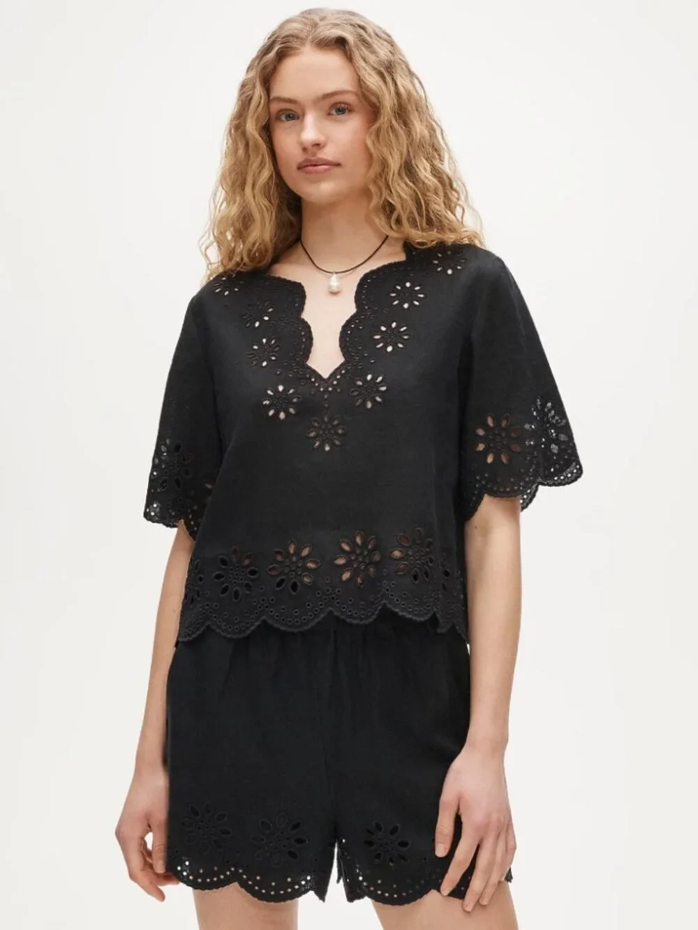 NEW J. Crew Embroidered Eyelet Top Black Linen Scalloped Trim Loose Size M